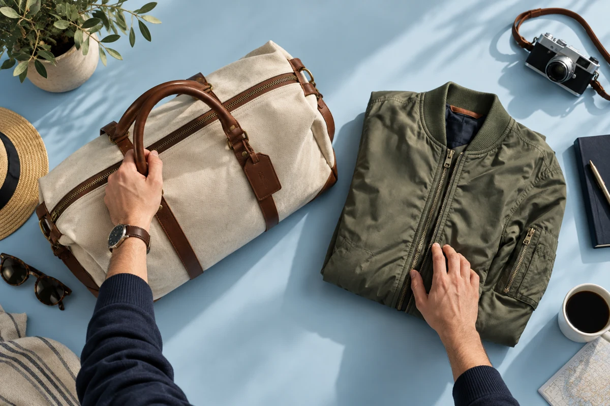 Editorial illustration: Employee choosing a gift: overhead two hands deciding between an elegant canvas weekender and lightweight bomber jacket on a pale-blue surface, one hand reaches confidently for bag, premium real textures.