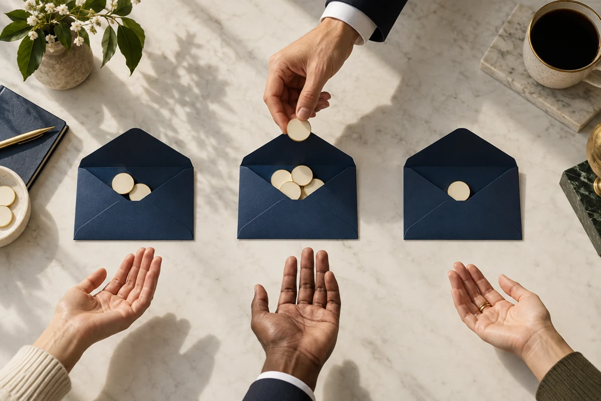 Editorial illustration: Manager gift allowances: overhead three open navy envelopes each with different quantities of cream tokens, a manager's hand distributing one token, tasteful finance-inspired conceptual still life.