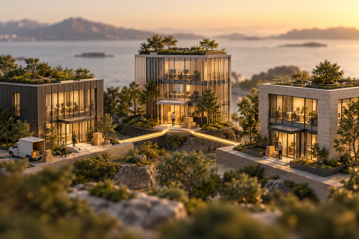 Editorial illustration: Multi-office program: cinematic triptych-like single scene of three miniature office buildings linked by thin warm-yellow pathways, tiny shipment parcels at each entrance, premium architectural model photography.