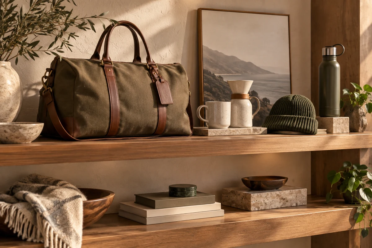 Editorial illustration: Recognition gift assortment as a boutique: warm minimal shelf displaying a quality weekend bag, ceramic coffee set, knit beanie and steel bottle, rich texture, stylish retail art direction.