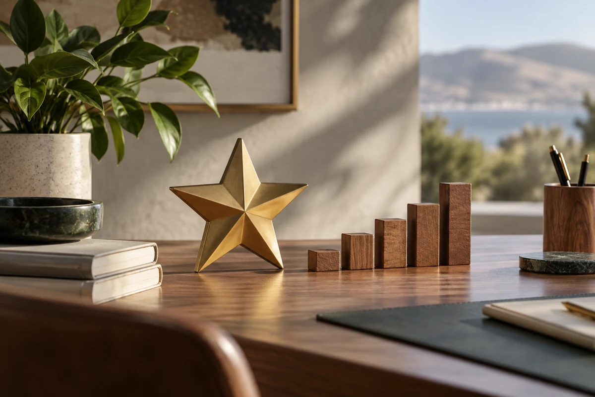 Editorial illustration: Employee recognition measurement: sculptural brass star on desk beside carefully ordered wooden counting blocks and a small plant, thoughtful understated premium editorial still life.
