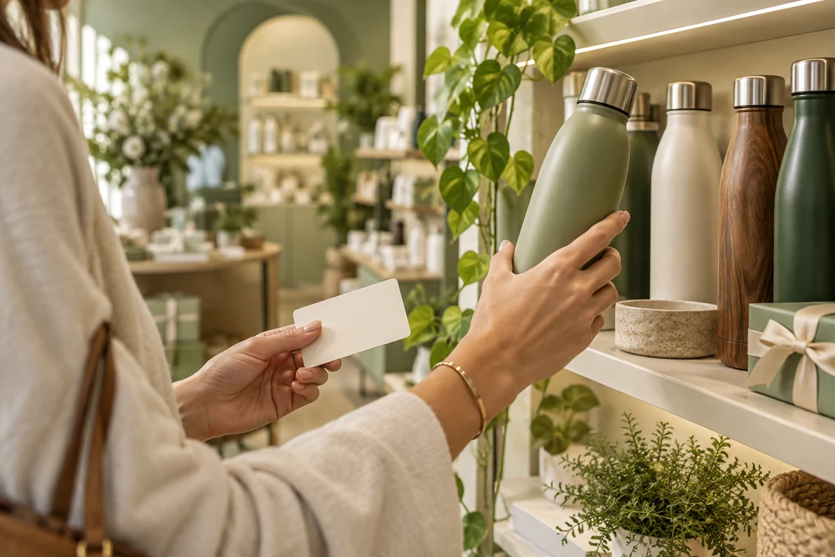 Editorial illustration: Recognition redemption: close-up hand selecting a quality insulated bottle from a beautifully arranged shelf, plain blank gift card in other hand, soft green and ivory boutique backdrop.