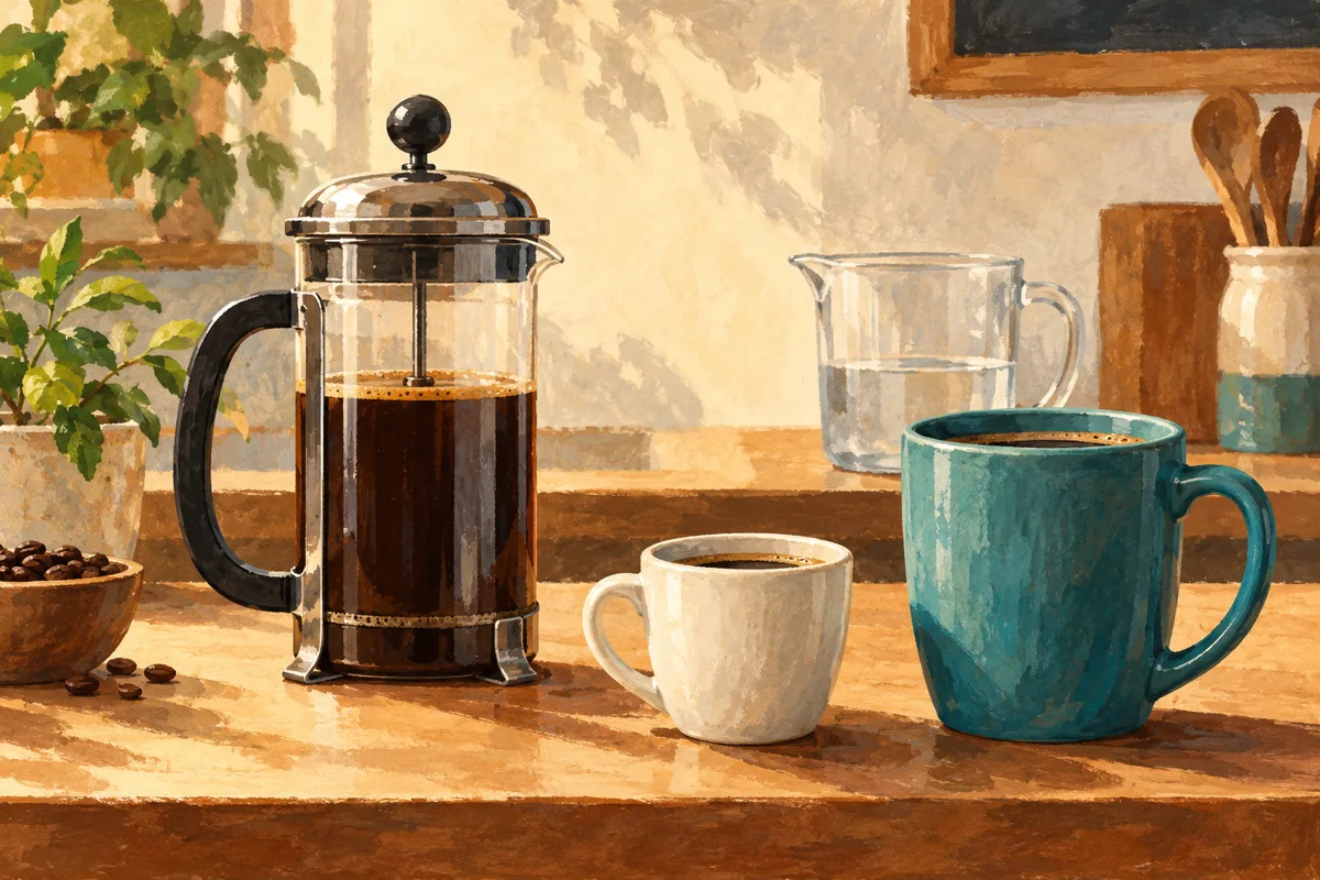 Gouache editorial illustration of a French press beside a small white coffee cup and a larger teal mug.