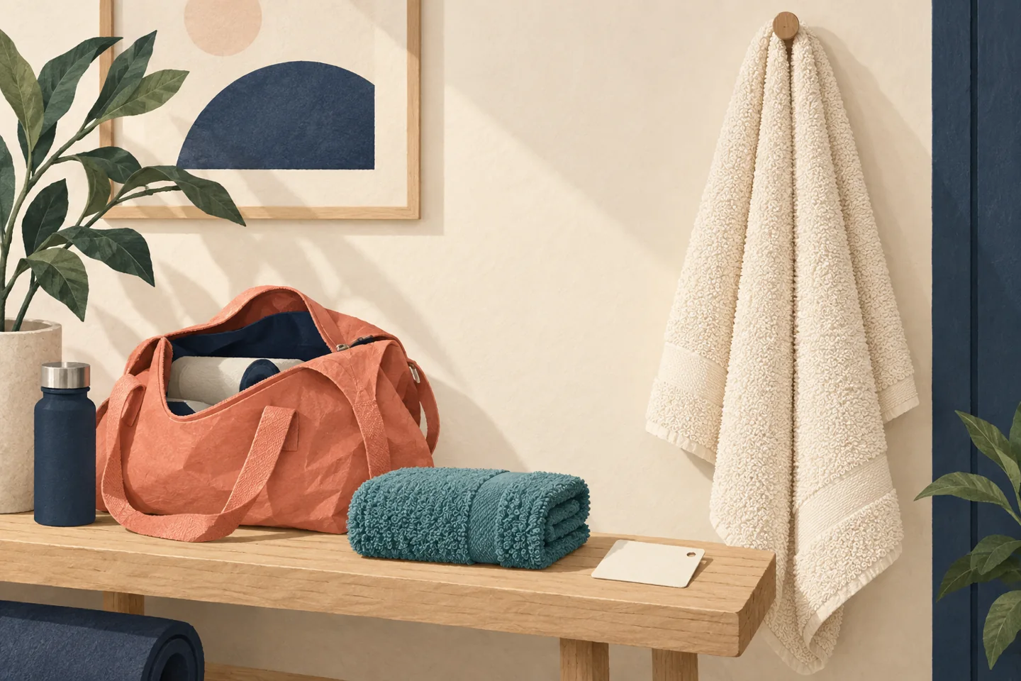 Editorial illustration of a compact teal towel beside a coral gym bag and a larger cream towel hanging above a wooden bench.