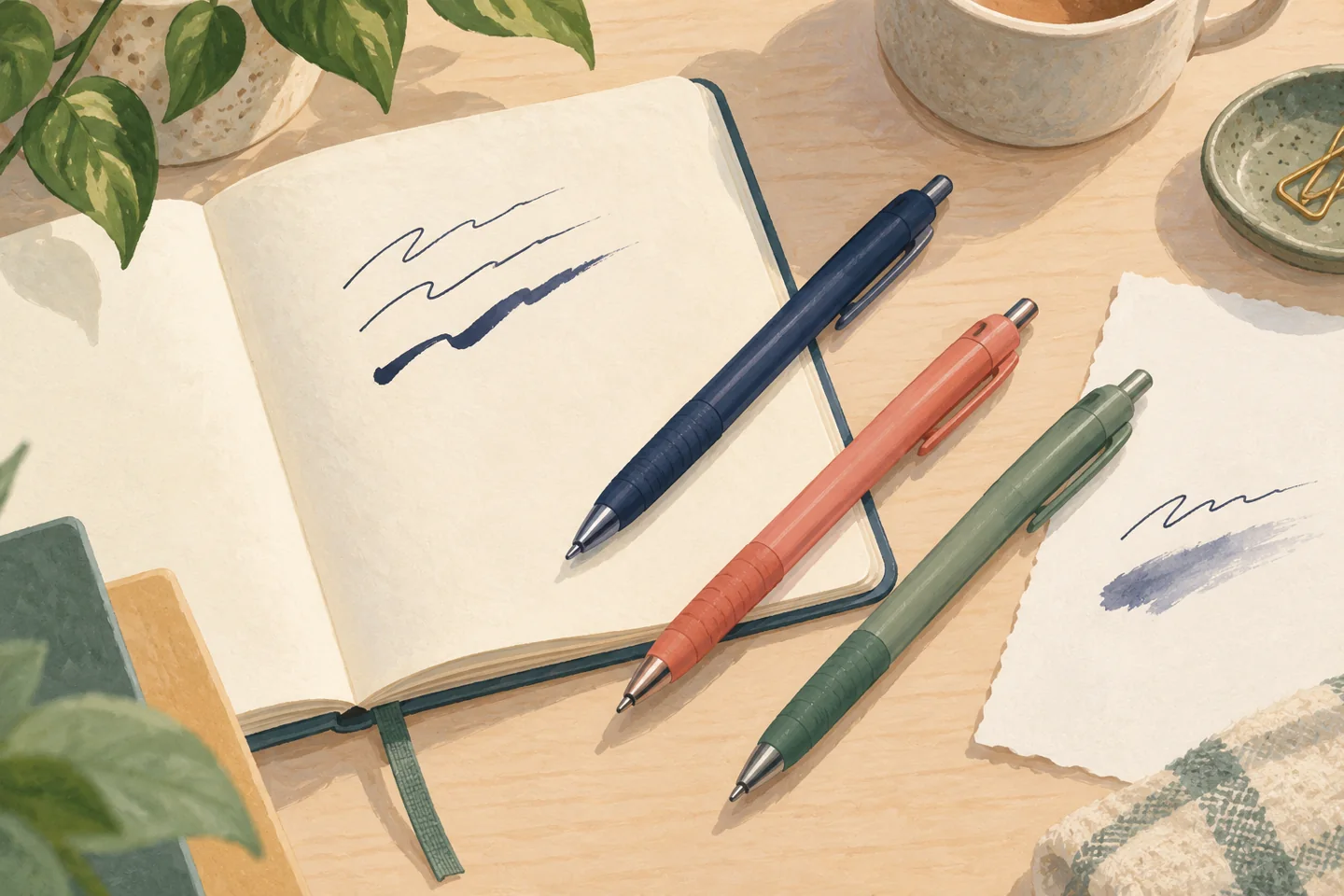 Gouache editorial illustration of navy, coral and sage pens beside a notebook and paper with ink strokes.