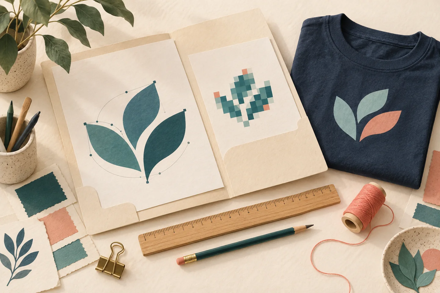 AI editorial illustration of crisp and pixelated leaf artwork in a folder beside a navy shirt, ruler and thread spool.