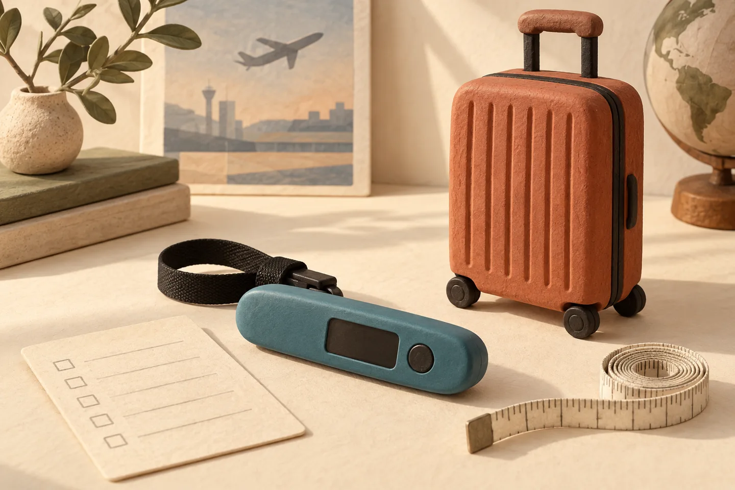 Clay-style editorial illustration of a teal handheld luggage scale beside a terracotta suitcase, blank checklist and tape measure.