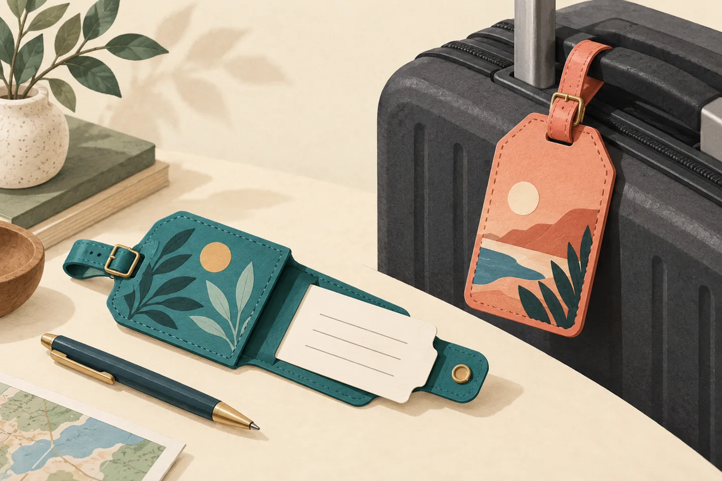 Editorial illustration of a suitcase with a coral luggage tag beside an open teal tag and blank contact card.