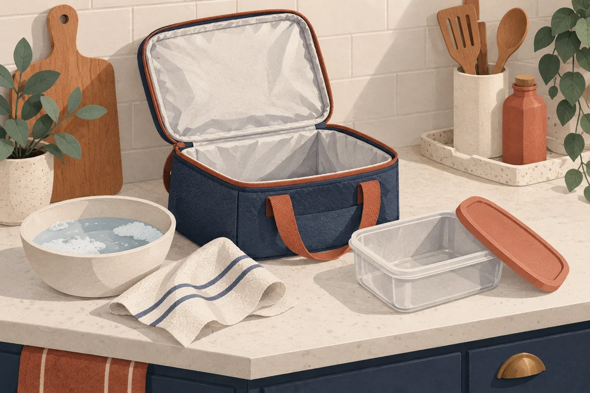Editorial illustration of an open insulated lunch bag beside a cloth, soapy water and a separate food container.