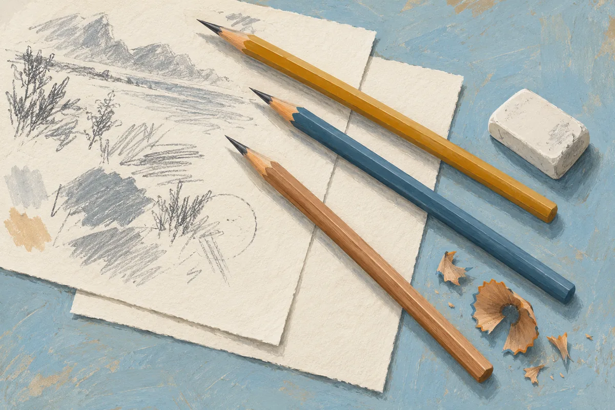 Gouache-style illustration of three unbranded graphite pencils, sketch paper, an eraser and curled wood shavings on a blue tabletop.