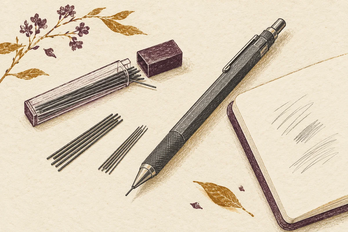 Linocut-style illustration of a mechanical pencil, lead refill tube and graphite leads beside a notebook.