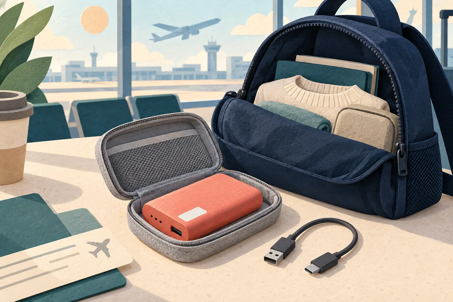 AI editorial illustration of a power bank in a protective pouch beside a cabin backpack at an airport
