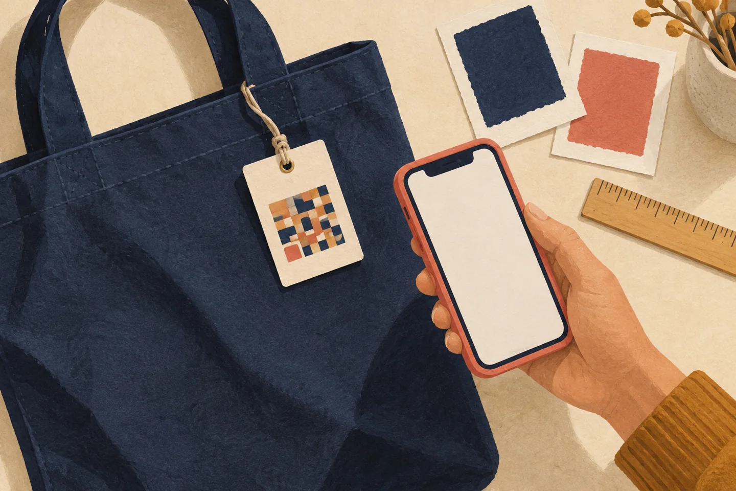 Editorial illustration of a phone held beside a navy tote hangtag with an abstract mosaic, a ruler and color swatches.