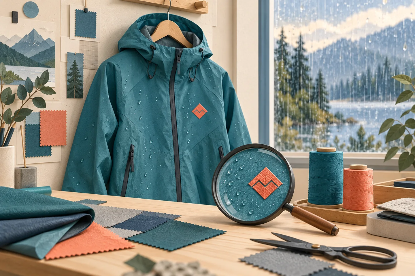 AI editorial illustration of a hooded rain jacket with a stitched emblem beside fabric inspection tools
