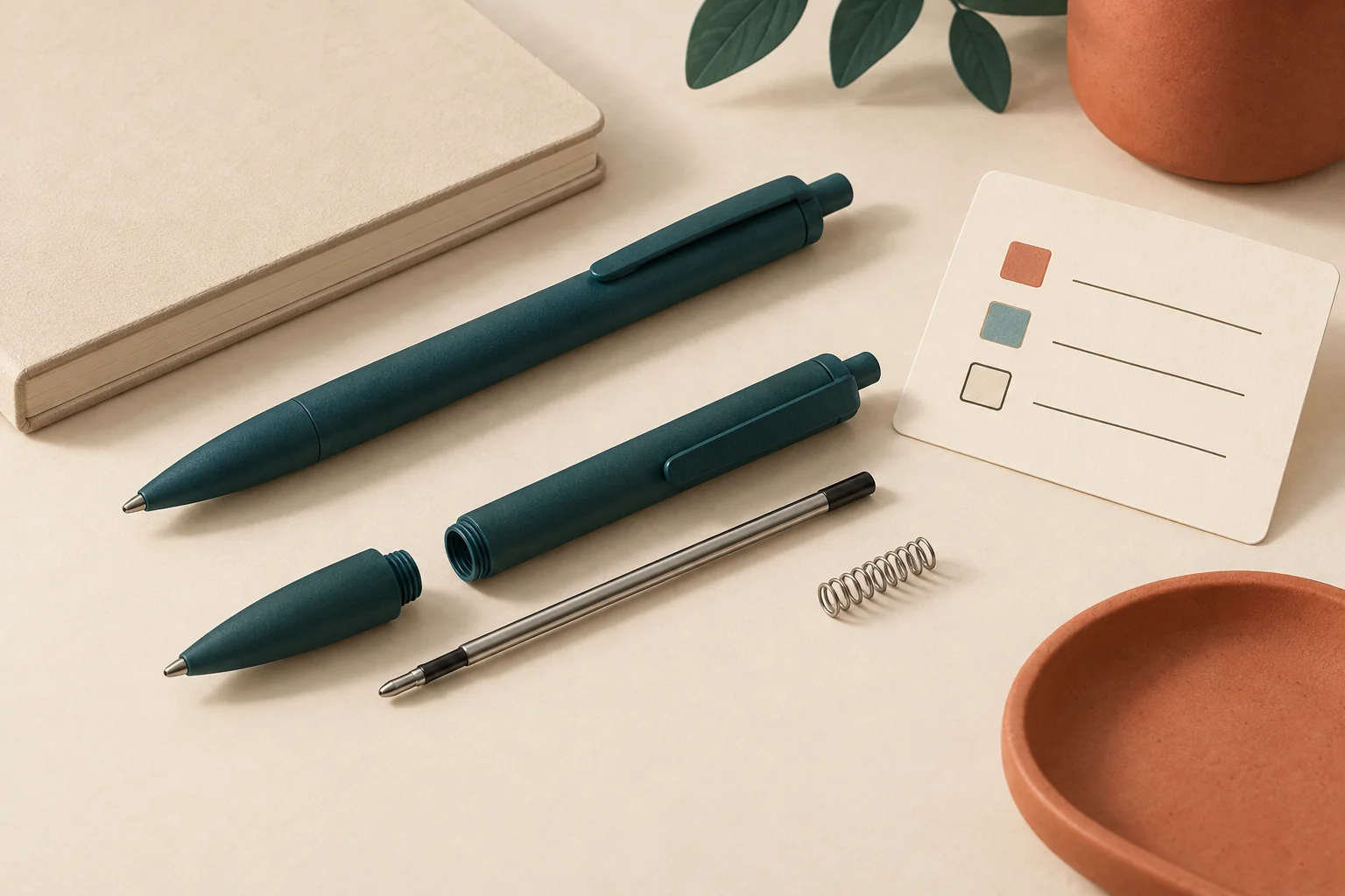Editorial illustration of office pens, a separated barrel and replacement ink refill beside a notebook.