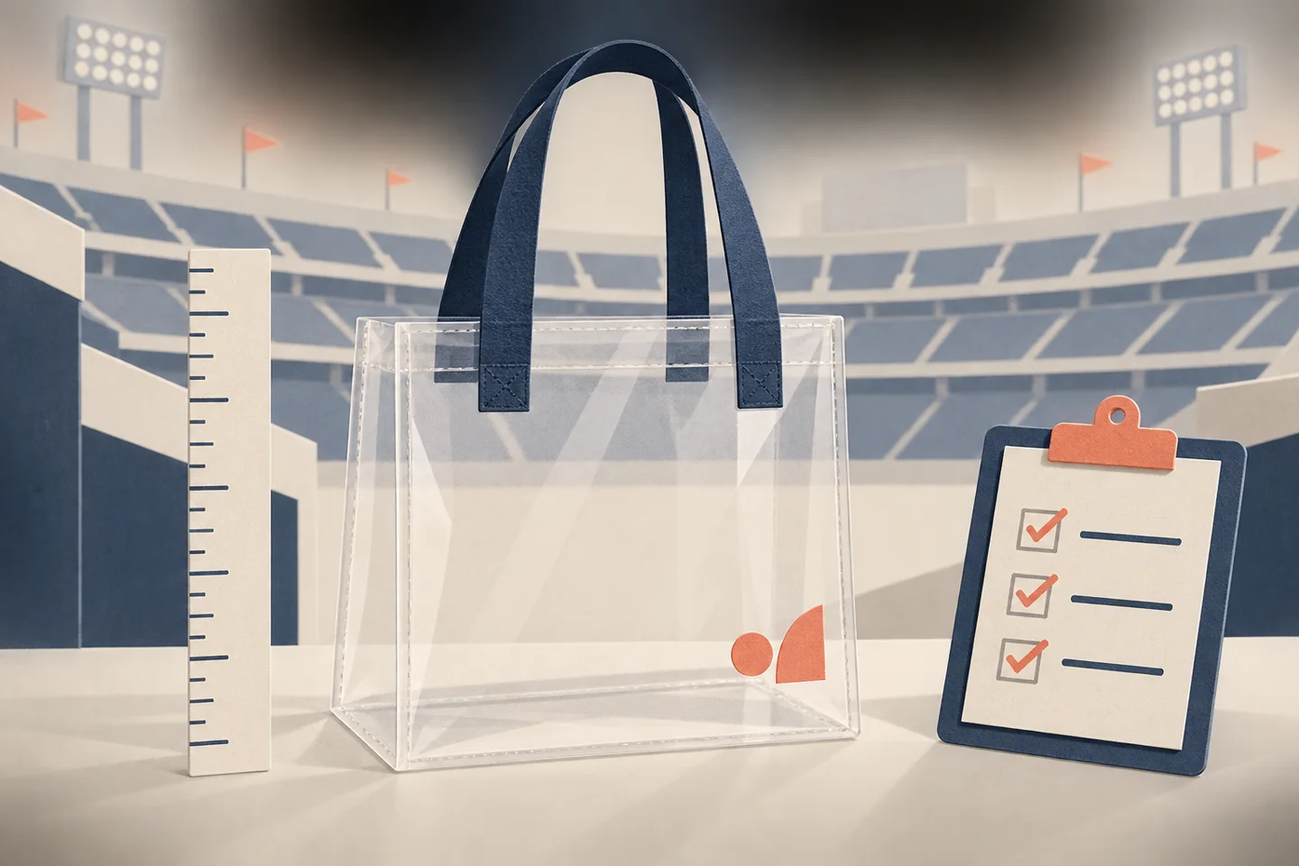 Editorial illustration of a clear tote beside a ruler and checklist with stadium seating behind it