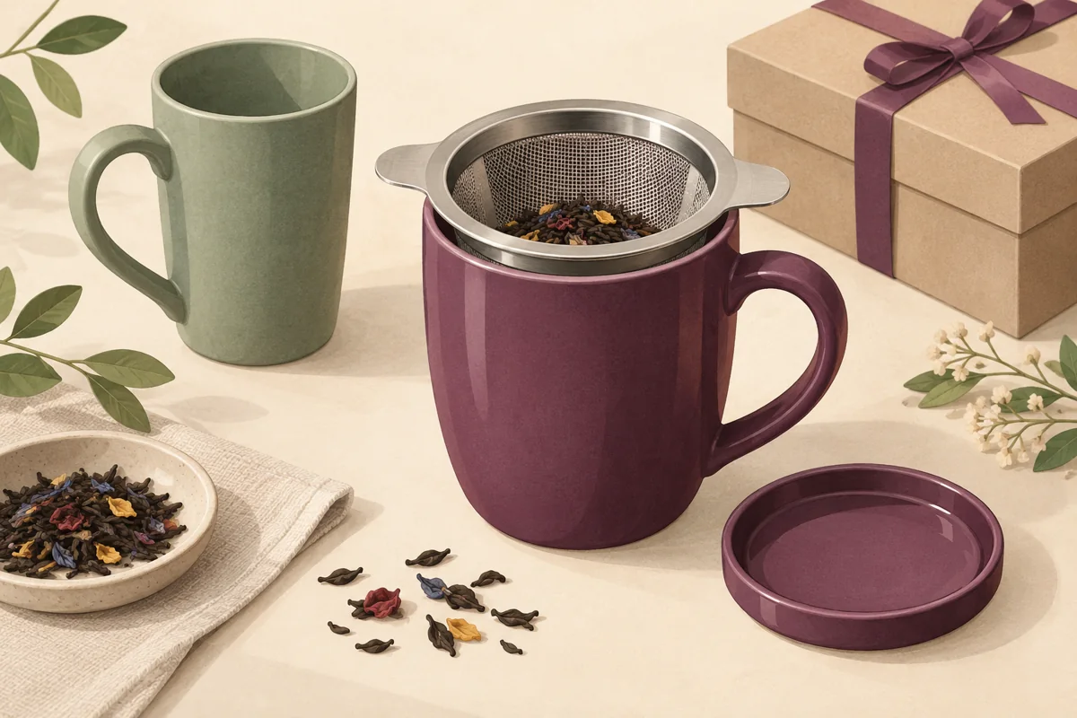 Editorial illustration of a mesh tea basket resting in a purple mug, with a drip tray and a narrower green mug nearby.