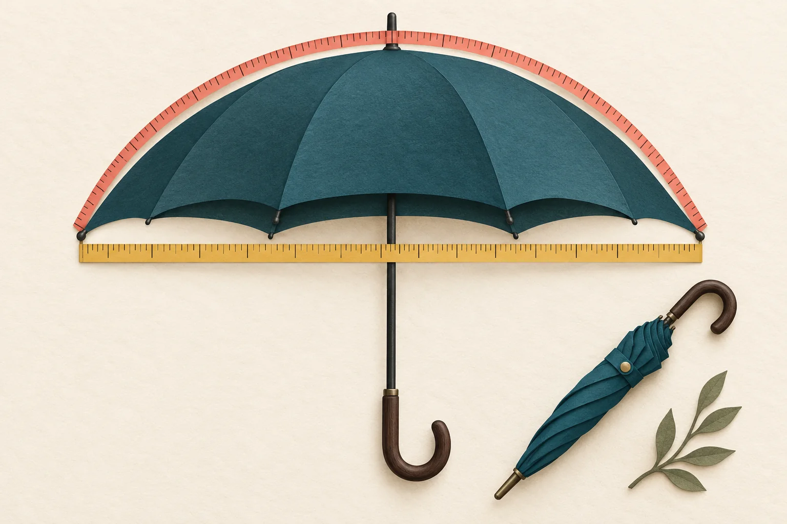 Editorial illustration of an open teal umbrella with a curved coral measuring tape and a straight yellow rule beneath its canopy.