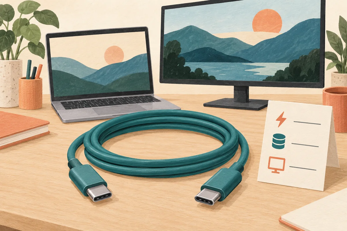 Editorial illustration of a coiled USB-C cable and a specification card in front of a laptop and external monitor.