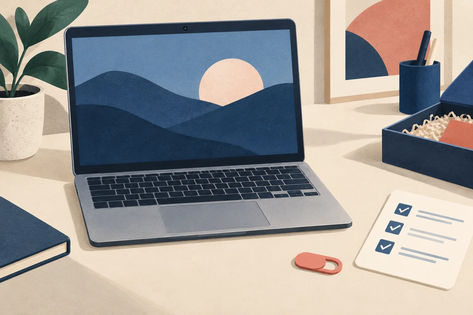 Editorial illustration of an open laptop beside a detached webcam cover and a checklist card.