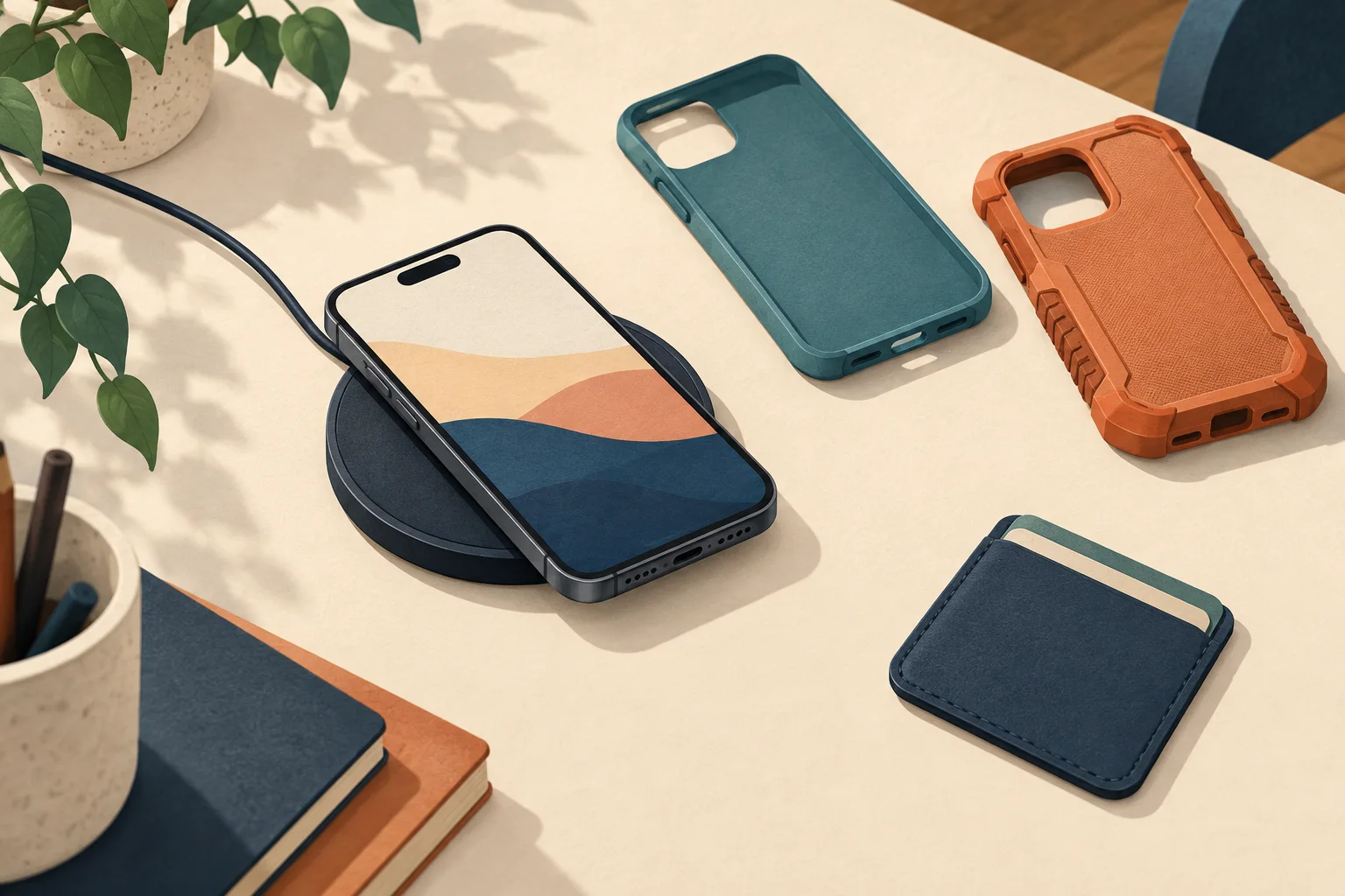 Editorial illustration of a phone on a wired charging pad beside slim and protective cases and a separate card wallet.