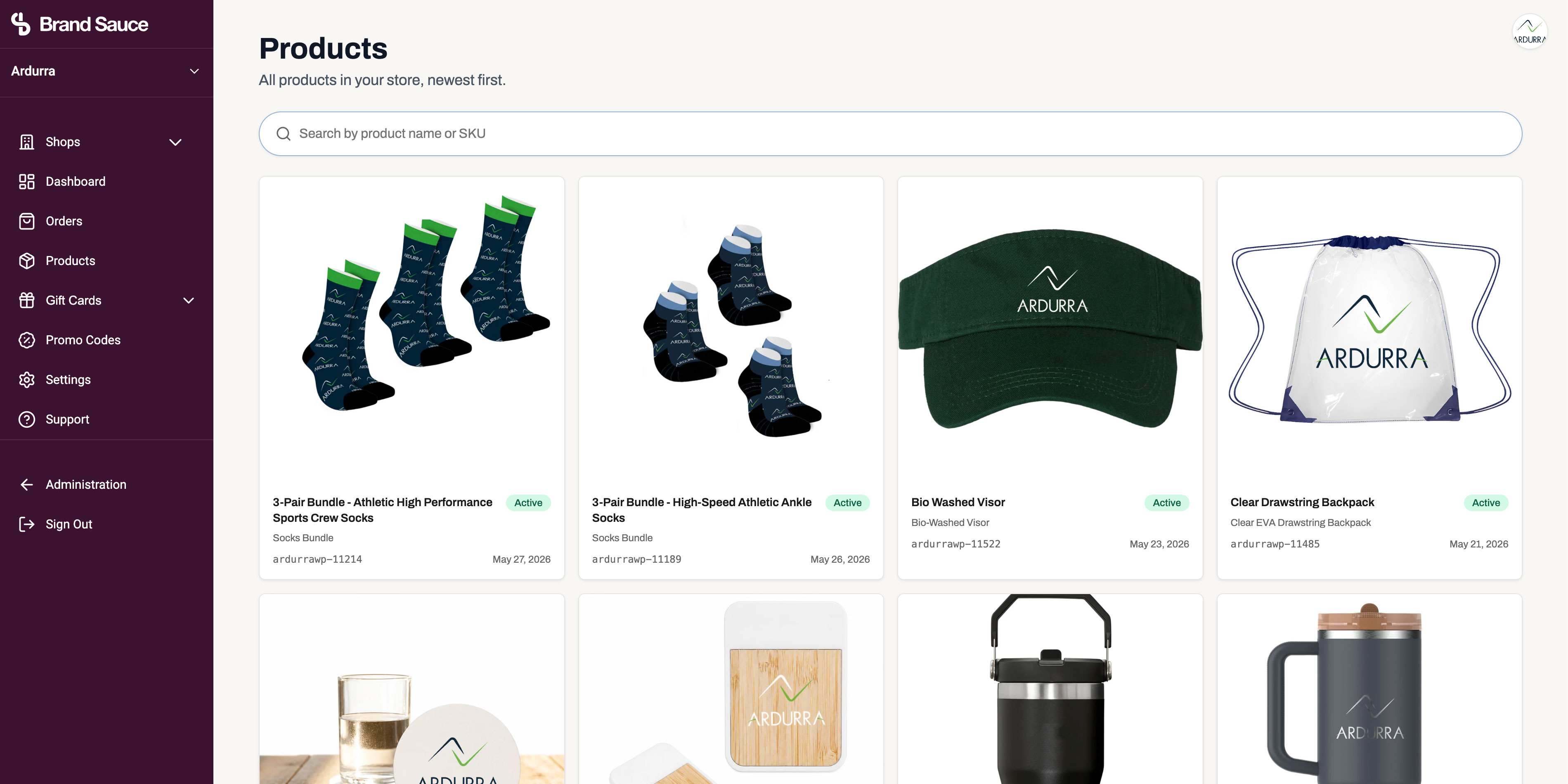 Products dashboard showing branded store products
