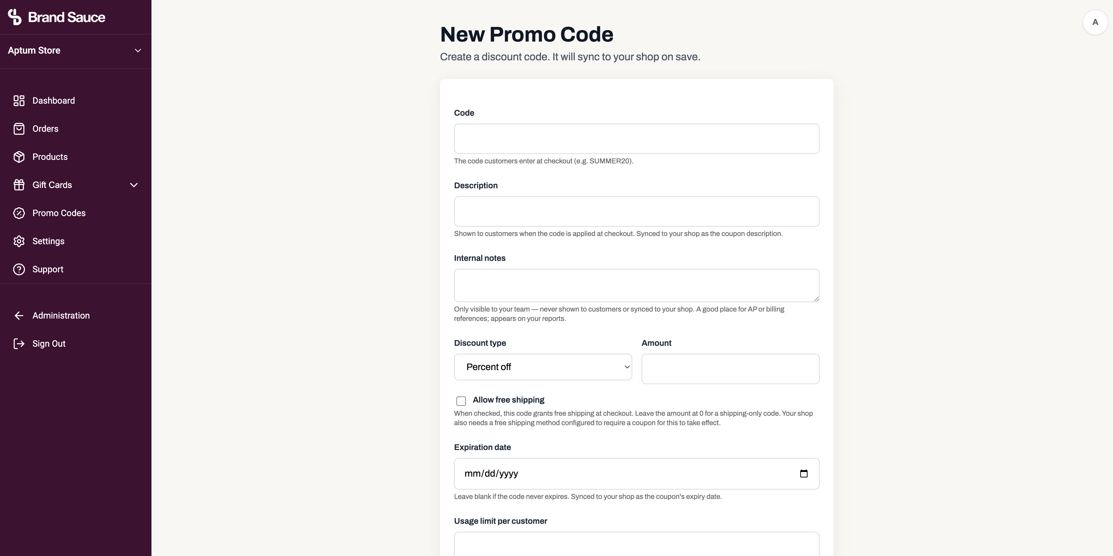 New promo code form