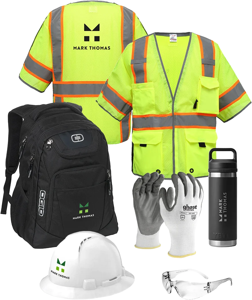 Branded Mark Thomas onboarding kit with safety apparel, backpack, hard hat, gloves, glasses, and bottle