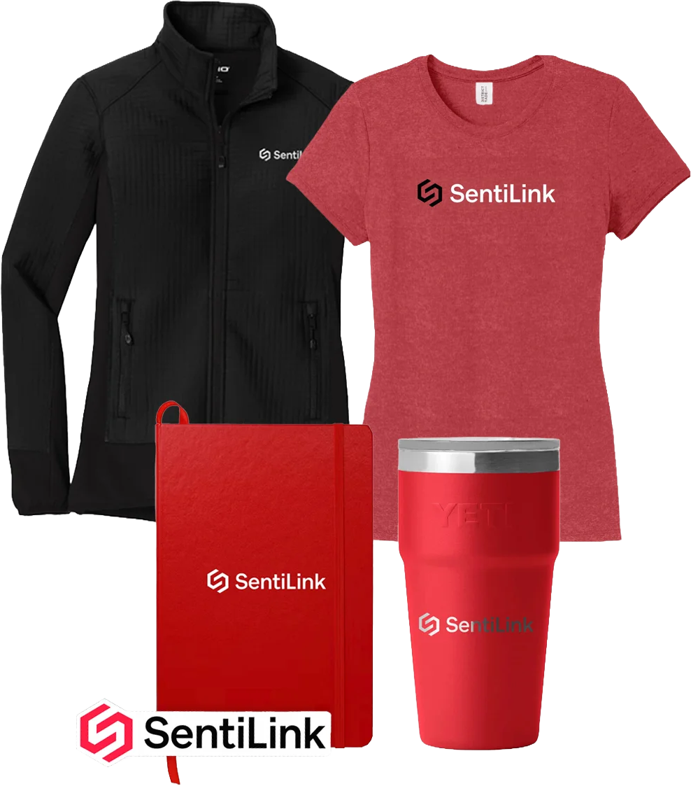 Branded SentiLink onboarding kit with apparel, drinkware, notebook, and sticker