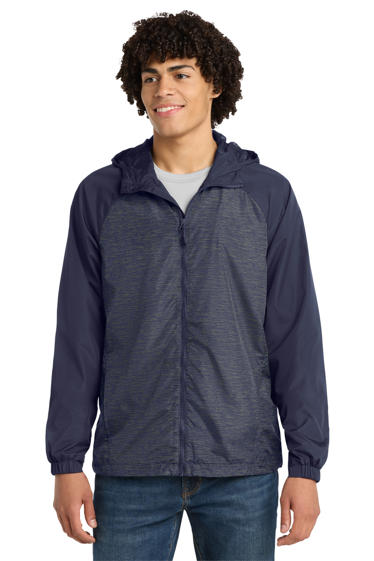 Sport-Tek Heather Colorblock Raglan Hooded Wind Jacket