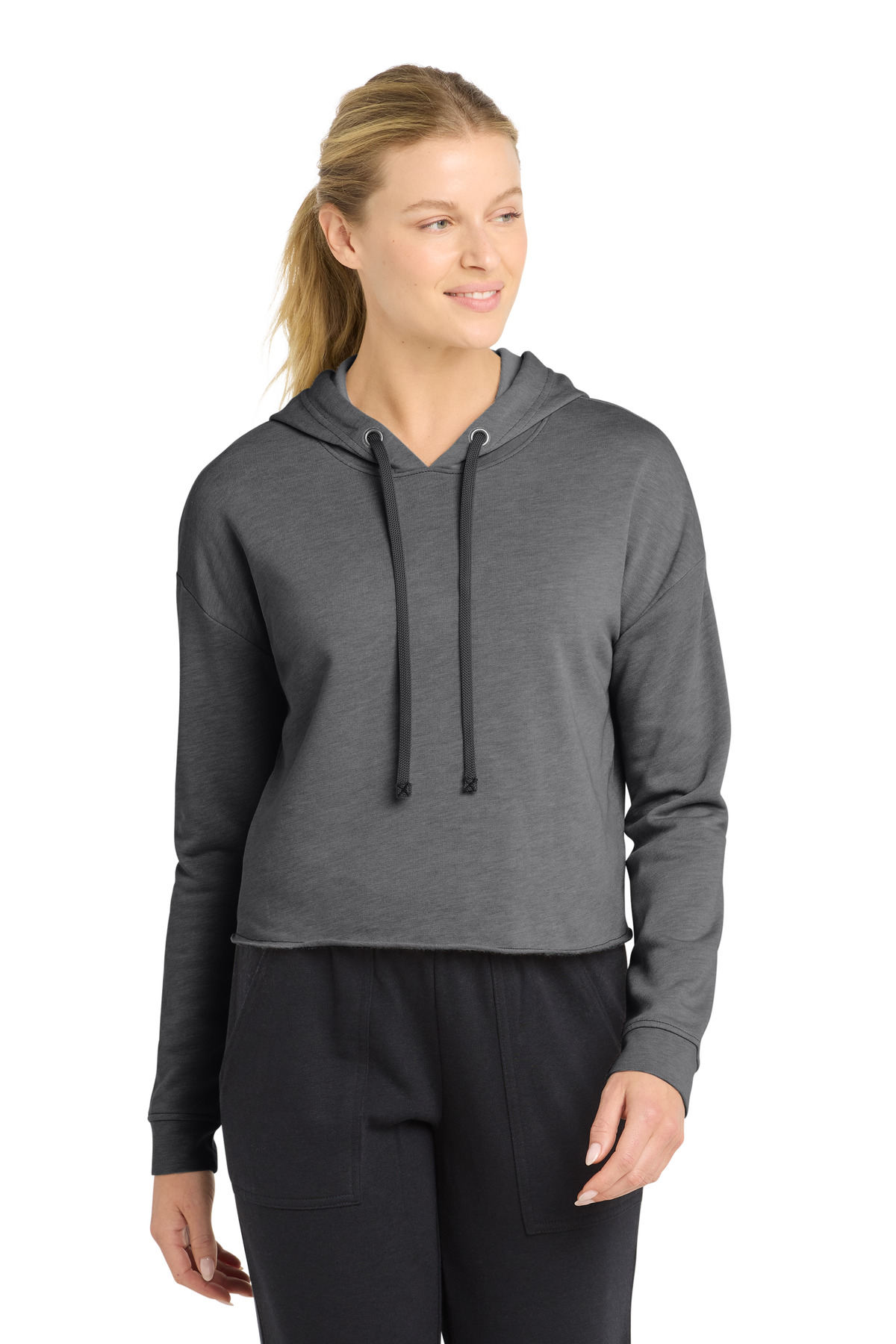 Sport-Tek Women's PosiCharge Tri-Blend Wicking Fleece Crop Hooded Pullover