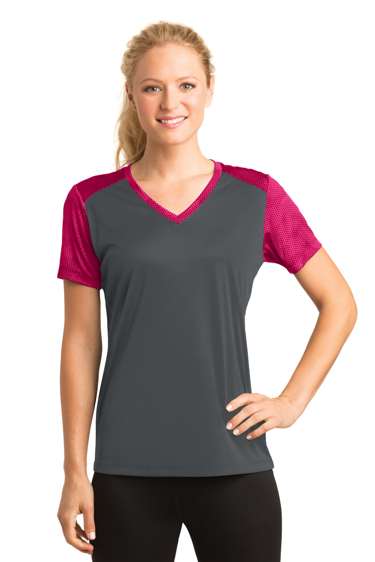 Sport-Tek Ladies CamoHex Colorblock V-Neck Tee